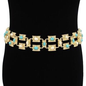 Gold Tone Turquoise and Pearl Link Waist Chain Statement Belt